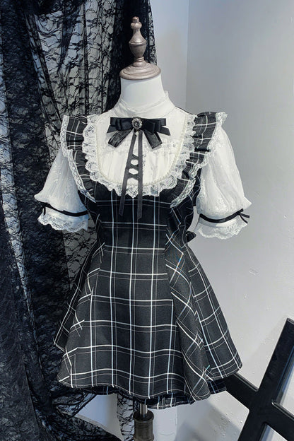 Gothic Lolita Dress - First Love Contract, 4 Colors, Bow Detail, Lace Trim, Printed - S Black/White-Short-Sleeves / M Black/White-Short-Sleeves / L Black/White-Short-Sleeves option