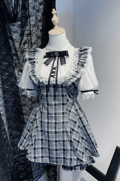Gothic Lolita Dress - First Love Contract, 4 Colors, Bow Detail, Lace Trim, Printed - S Grey-Short-Sleeves / M Grey-Short-Sleeves / L Grey-Short-Sleeves option