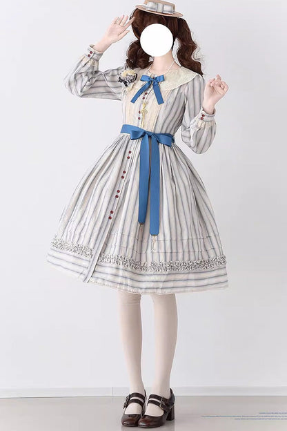 Gothic Lolita Dress - Forest Atlas Striped Print, 3 Colors, Striped, Printed, Long Sleeves - additional product view 12