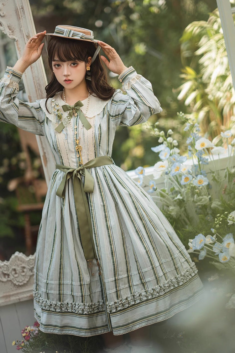 Gothic Lolita Dress - Forest Atlas Striped Print, 3 Colors, Striped, Printed, Long Sleeves - XS Green / S Green / M Green option