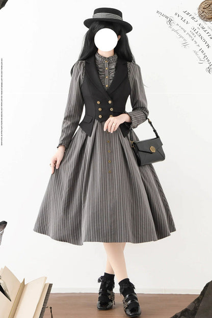 Gothic Lolita Dress - Forest Castle, 4 Colors, Striped, Stand Collar, Classic Style - additional product view 12