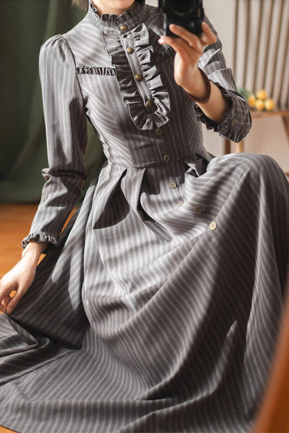 Gothic Lolita Dress - Forest Castle, 4 Colors, Striped, Stand Collar, Classic Style - additional product view 14