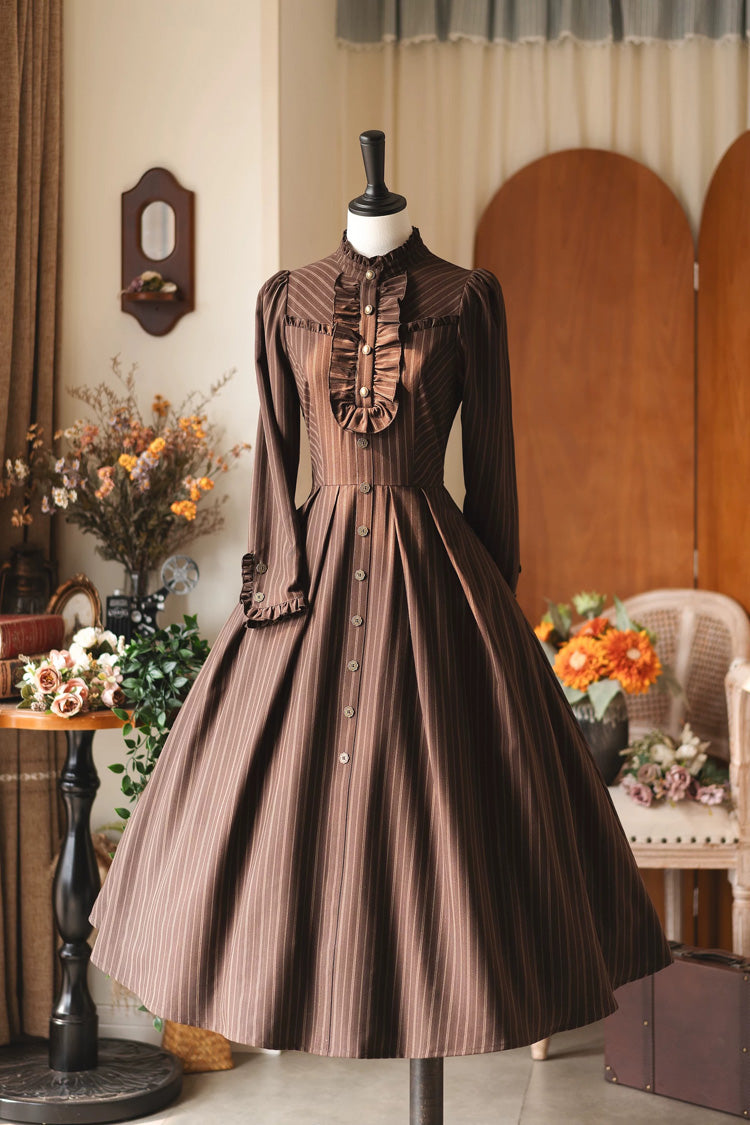 Gothic Lolita Dress - Forest Castle, 4 Colors, Striped, Stand Collar, Classic Style - S Brown(Dress-Only) / M Brown(Dress-Only) / L Brown(Dress-Only) option
