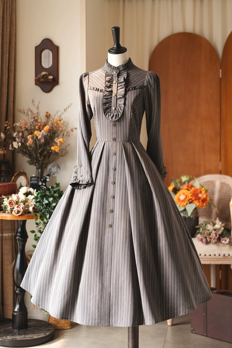 Gothic Lolita Dress - Forest Castle, 4 Colors, Striped, Stand Collar, Classic Style - S Grey(Dress-Only) / M Grey(Dress-Only) / L Grey(Dress-Only) option
