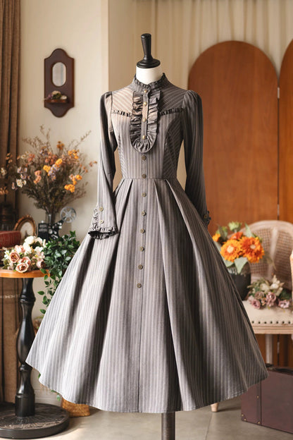Gothic Lolita Dress - Forest Castle, 4 Colors, Striped, Stand Collar, Classic Style - S Grey(Dress-Only) / M Grey(Dress-Only) / L Grey(Dress-Only) option