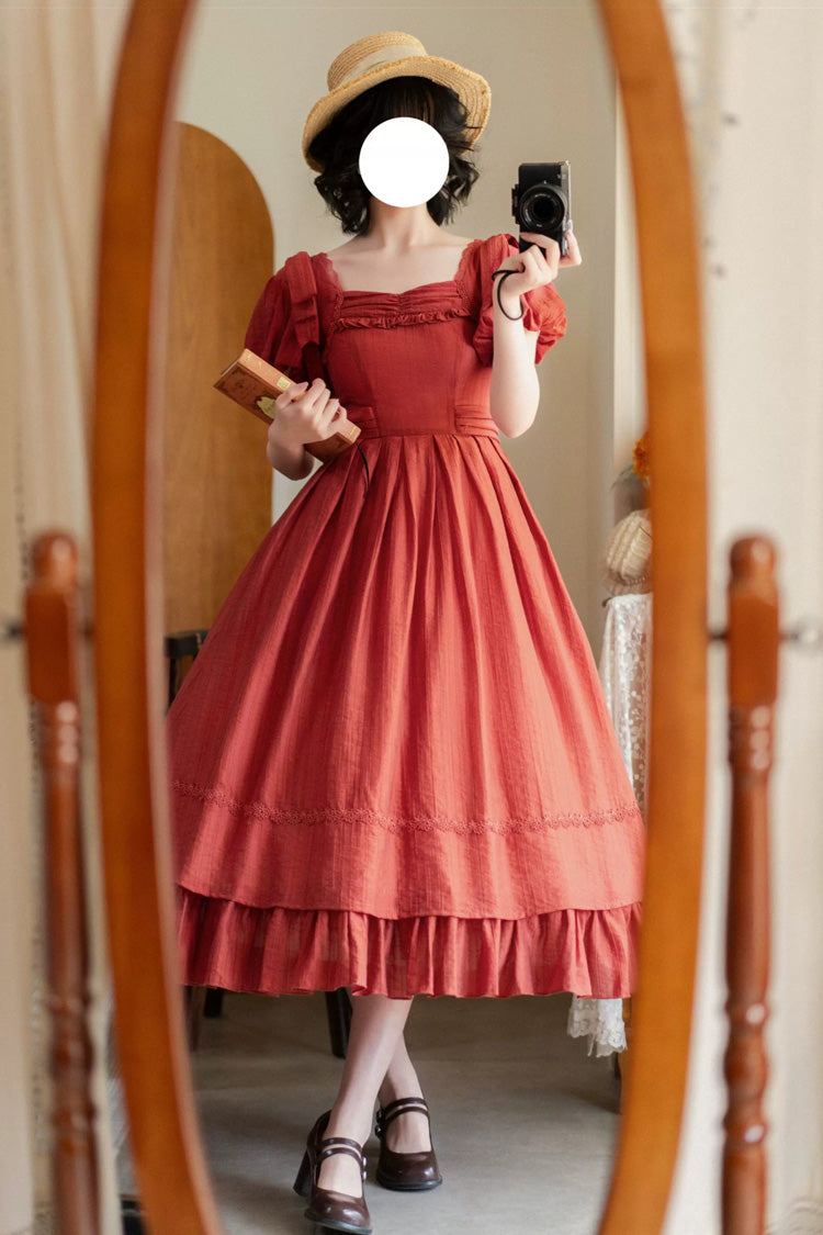 Gothic Lolita Dress - Forest Gallery, Red, Square Collar, Bow Detail, Ruffled - additional product view 5
