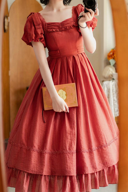 Gothic Lolita Dress - Forest Gallery, Red, Square Collar, Bow Detail, Ruffled - additional product view 7