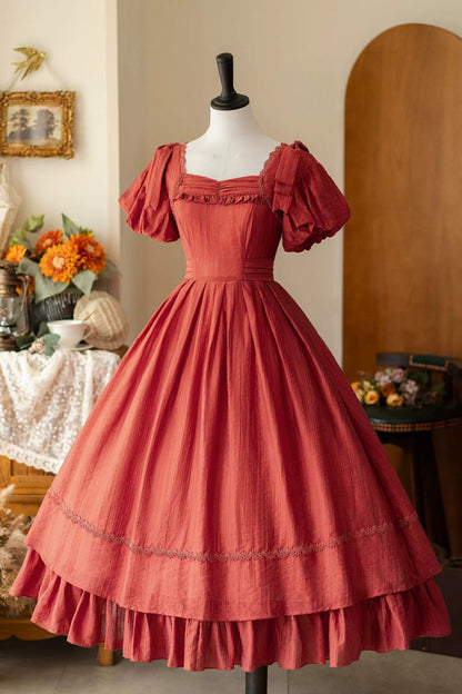Gothic Lolita Dress - Forest Gallery, Red, Square Collar, Bow Detail, Ruffled - main product image