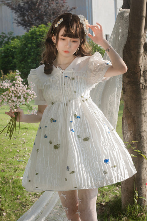 Gothic Lolita Dress - French Lapel Collar Bubble, White, High Waist, Sweet Style, Printed - additional product view 2