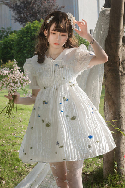 Gothic Lolita Dress - French Lapel Collar Bubble, White, High Waist, Sweet Style, Printed - additional product view 2