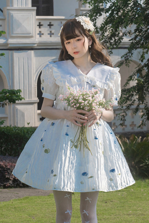 Gothic Lolita Dress - French Lapel Collar Bubble, White, High Waist, Sweet Style, Printed - additional product view 3