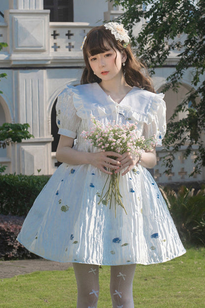 Gothic Lolita Dress - French Lapel Collar Bubble, White, High Waist, Sweet Style, Printed - additional product view 3