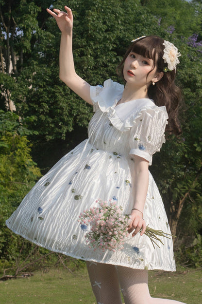 Gothic Lolita Dress - French Lapel Collar Bubble, White, High Waist, Sweet Style, Printed - additional product view 4
