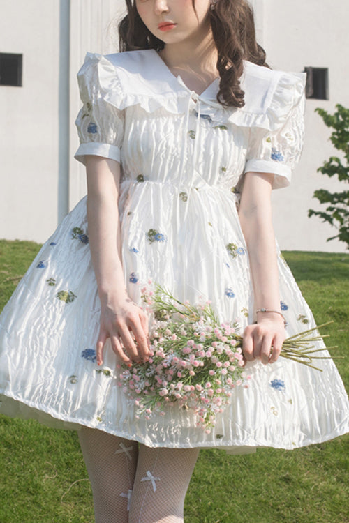 Gothic Lolita Dress - French Lapel Collar Bubble, White, High Waist, Sweet Style, Printed - main product image