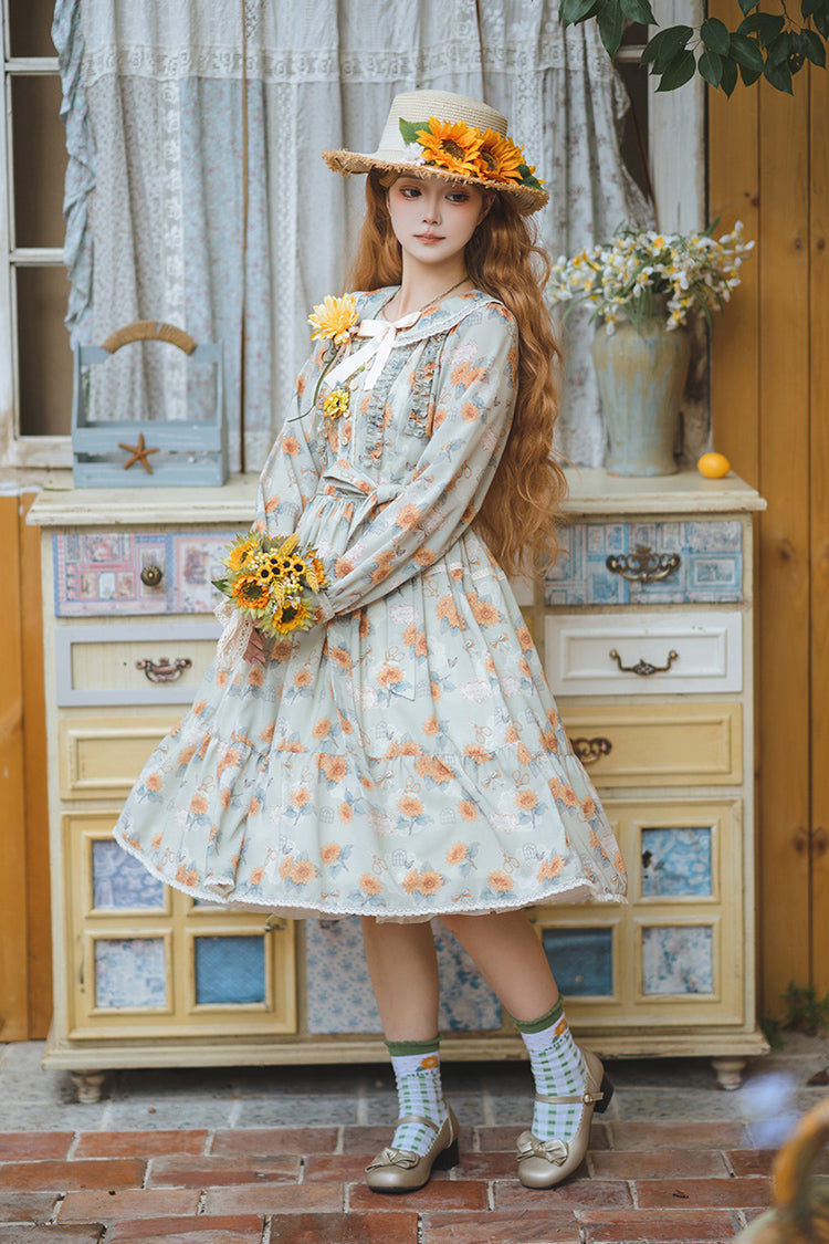 Gothic Lolita Dress - Gardening Sunflower, Green, Sweet Style, Bow Detail, Lace Trim - additional product view 2