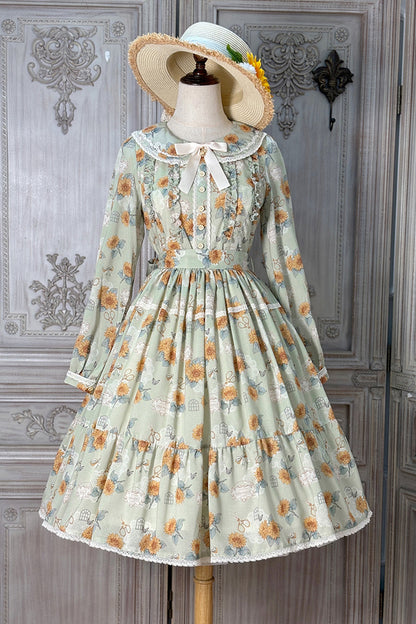 Gothic Lolita Dress - Gardening Sunflower, Green, Sweet Style, Bow Detail, Lace Trim - additional product view 3