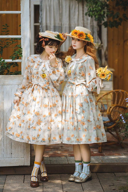Gothic Lolita Dress - Gardening Sunflower, Green, Sweet Style, Bow Detail, Lace Trim - additional product view 4