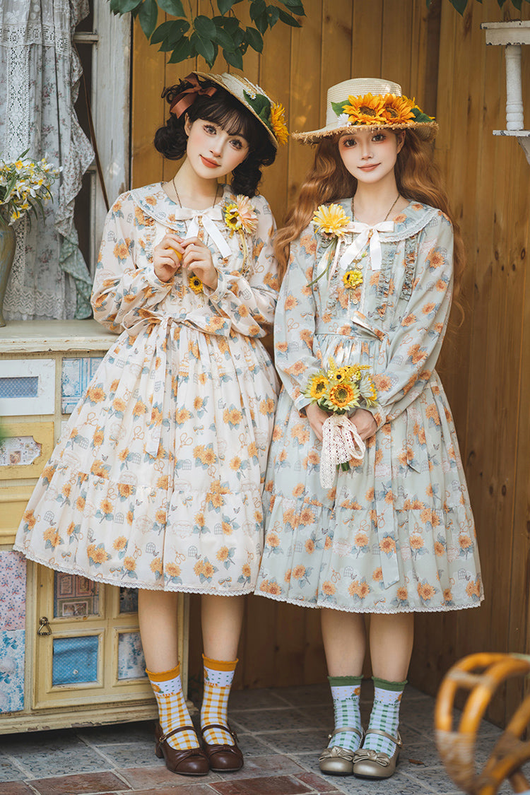 Gothic Lolita Dress - Gardening Sunflower, Green, Sweet Style, Bow Detail, Lace Trim - main product image