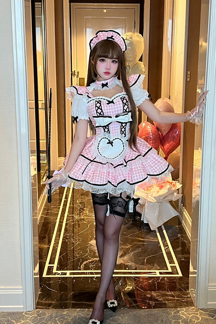 Gothic Lolita Dress - Girlish Plaid, Pink, Square Collar, Plaid, Lace Trim - additional product view 2