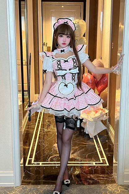 Gothic Lolita Dress - Girlish Plaid, Pink, Square Collar, Plaid, Lace Trim - additional product view 2