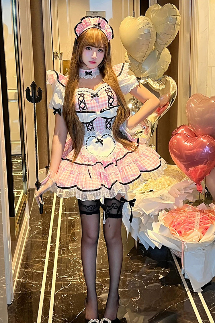 Gothic Lolita Dress - Girlish Plaid, Pink, Square Collar, Plaid, Lace Trim - additional product view 3