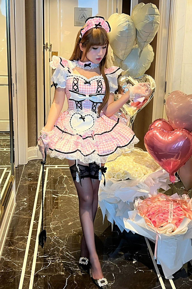 Gothic Lolita Dress - Girlish Plaid, Pink, Square Collar, Plaid, Lace Trim - additional product view 4
