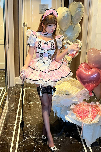 Gothic Lolita Dress - Girlish Plaid, Pink, Square Collar, Plaid, Lace Trim - additional product view 4