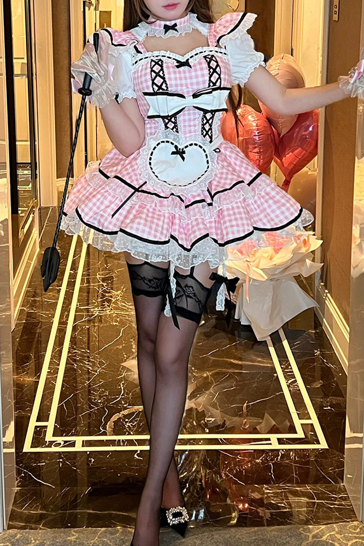 Gothic Lolita Dress - Girlish Plaid, Pink, Square Collar, Plaid, Lace Trim - additional product view 5
