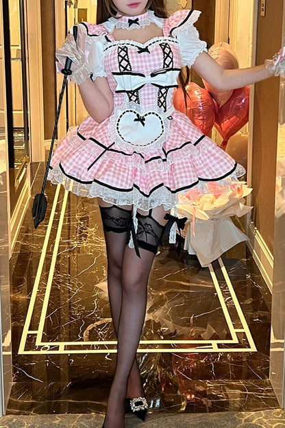 Gothic Lolita Dress - Girlish Plaid, Pink, Square Collar, Plaid, Lace Trim - additional product view 5