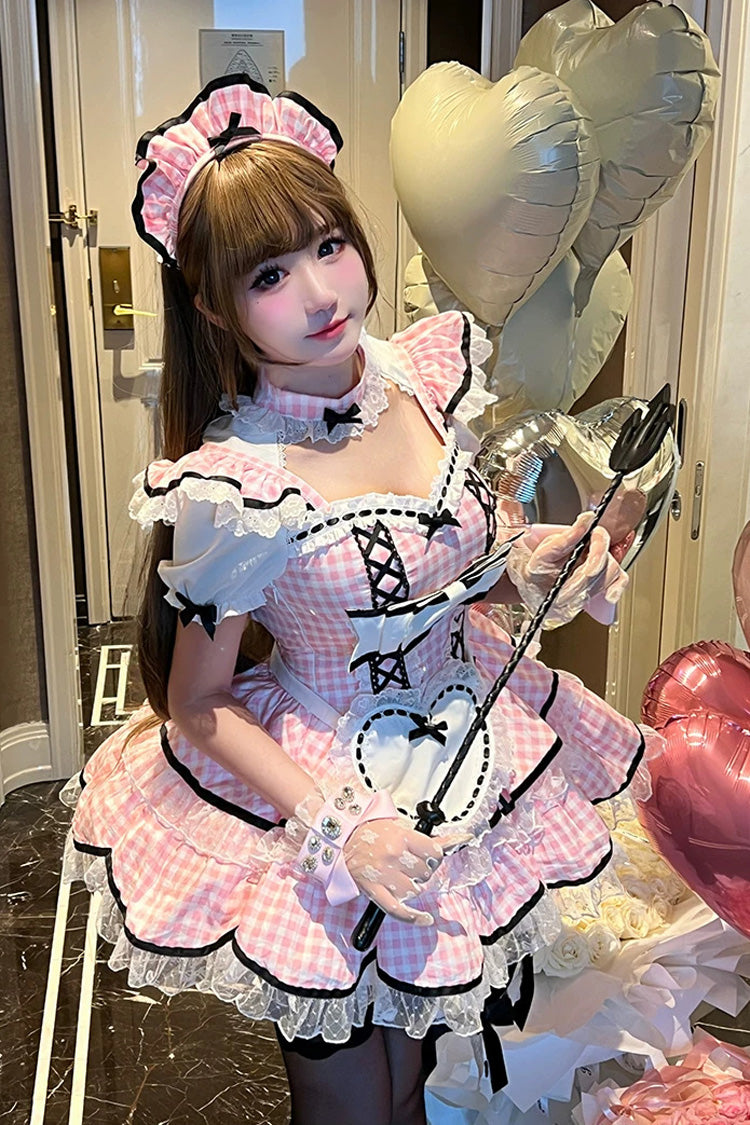 Gothic Lolita Dress - Girlish Plaid, Pink, Square Collar, Plaid, Lace Trim - additional product view 6