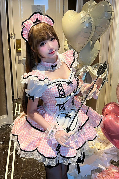 Gothic Lolita Dress - Girlish Plaid, Pink, Square Collar, Plaid, Lace Trim - additional product view 6