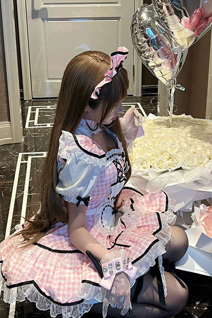 Gothic Lolita Dress - Girlish Plaid, Pink, Square Collar, Plaid, Lace Trim - additional product view 7