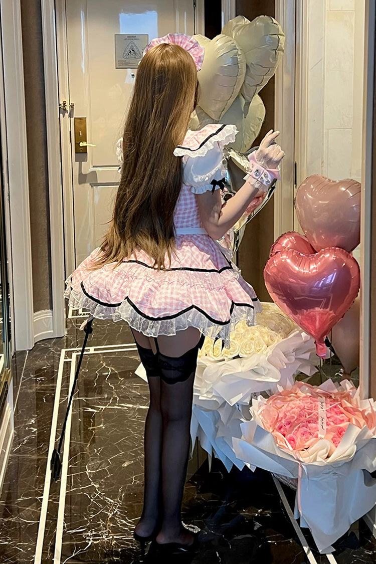 Gothic Lolita Dress - Girlish Plaid, Pink, Square Collar, Plaid, Lace Trim - additional product view 8