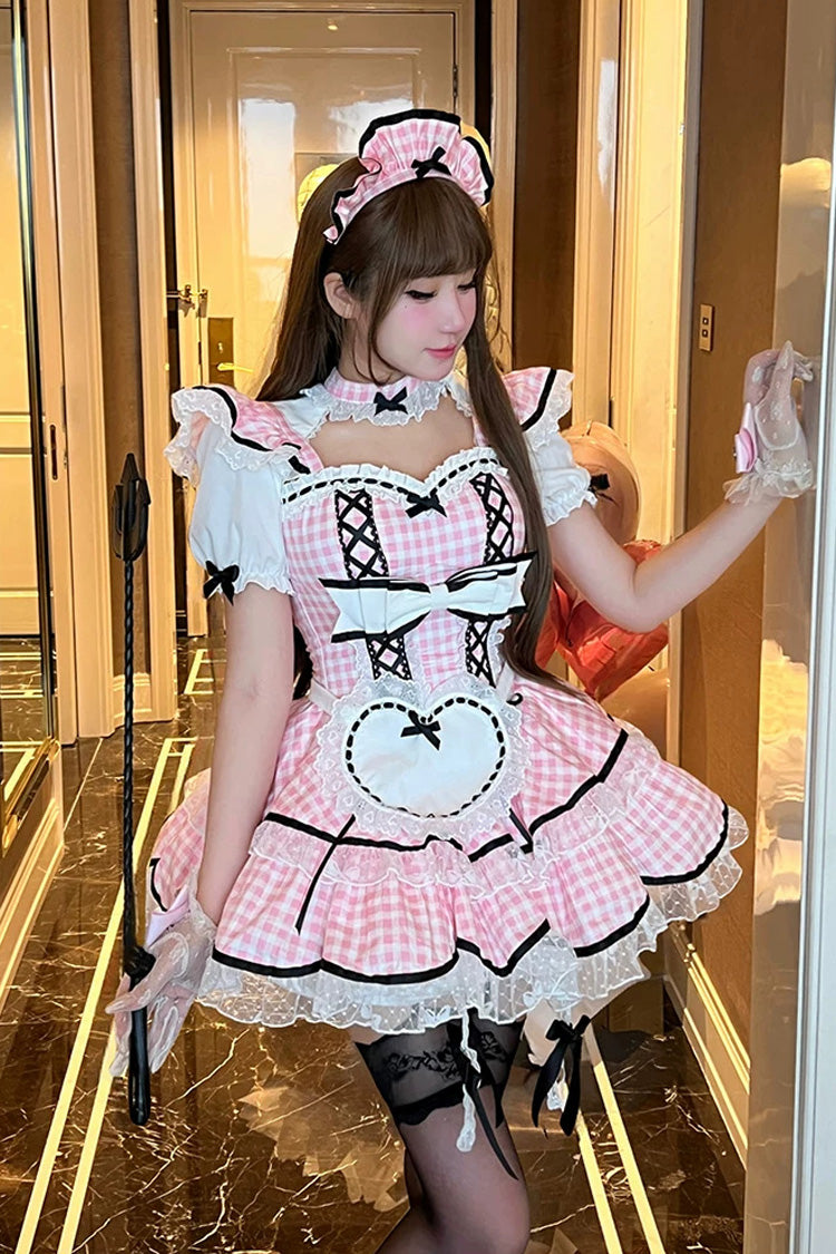 Gothic Lolita Dress - Girlish Plaid, Pink, Square Collar, Plaid, Lace Trim - main product image