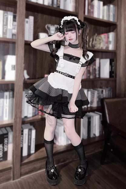 Gothic Lolita Dress - Grey/black, 2 Colors, Striped, Printed, Ruffled - additional product view 2
