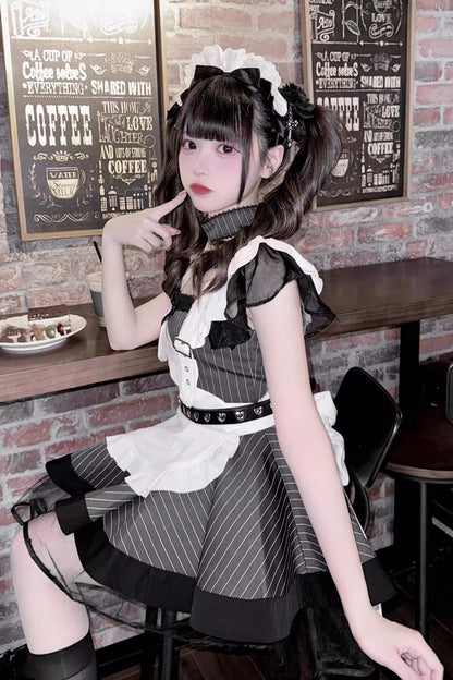 Gothic Lolita Dress - Grey/black, 2 Colors, Striped, Printed, Ruffled - additional product view 3