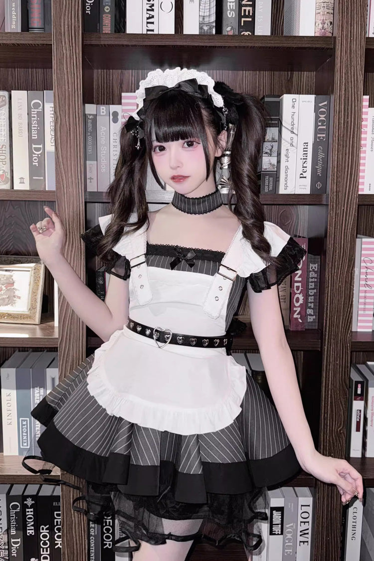 Gothic Lolita Dress - Grey/black, 2 Colors, Striped, Printed, Ruffled - main product image