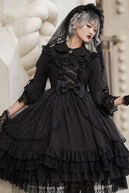 Gothic Lolita Dress - Half Sleeves, 2 Colors, Bow Detail, Lace Trim - additional product view 2