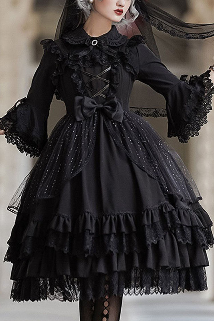 Gothic Lolita Dress - Half Sleeves, 2 Colors, Bow Detail, Lace Trim - main product image