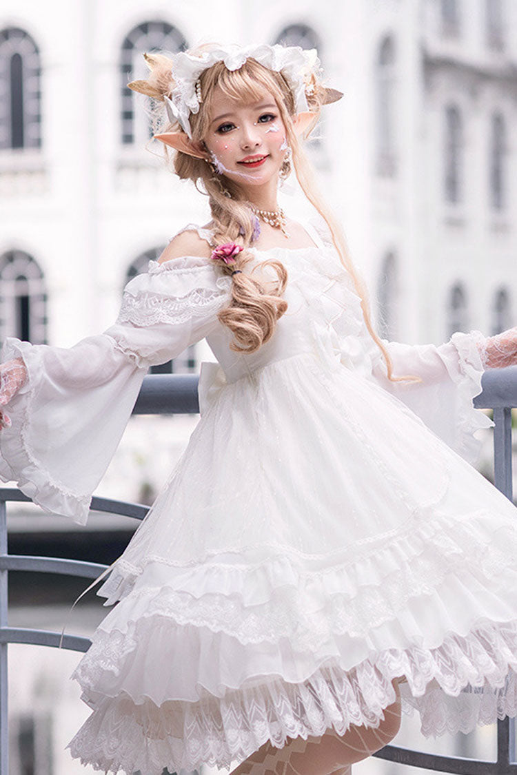 Gothic Lolita Dress - Half Sleeves, 2 Colors, Bow Detail, Lace Trim - S White / M White / L White option