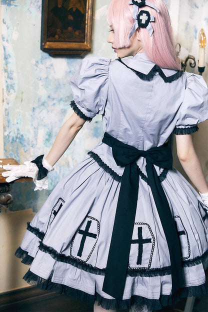 Gothic Lolita Dress - Halloween, Gray, Puff Sleeves, Cross Detail - additional product view 2