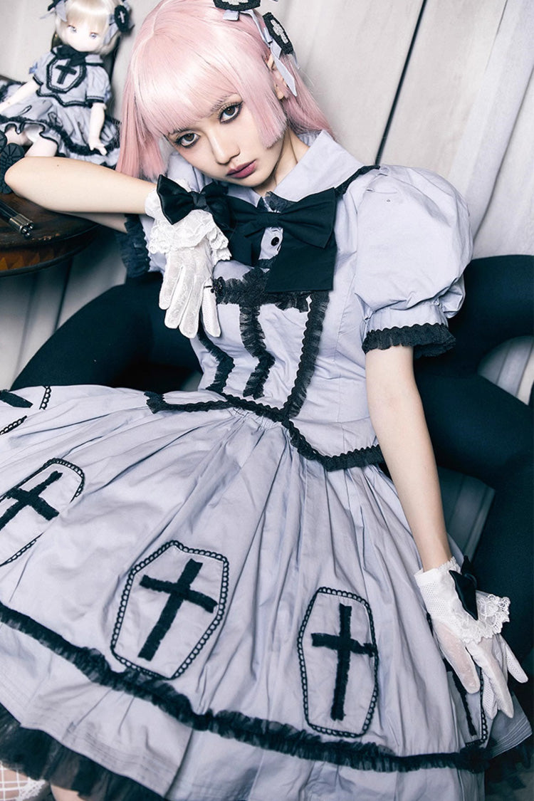 Gothic Lolita Dress - Halloween, Gray, Puff Sleeves, Cross Detail - additional product view 3