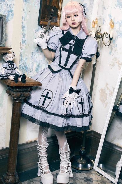 Gothic Lolita Dress - Halloween, Gray, Puff Sleeves, Cross Detail - additional product view 4