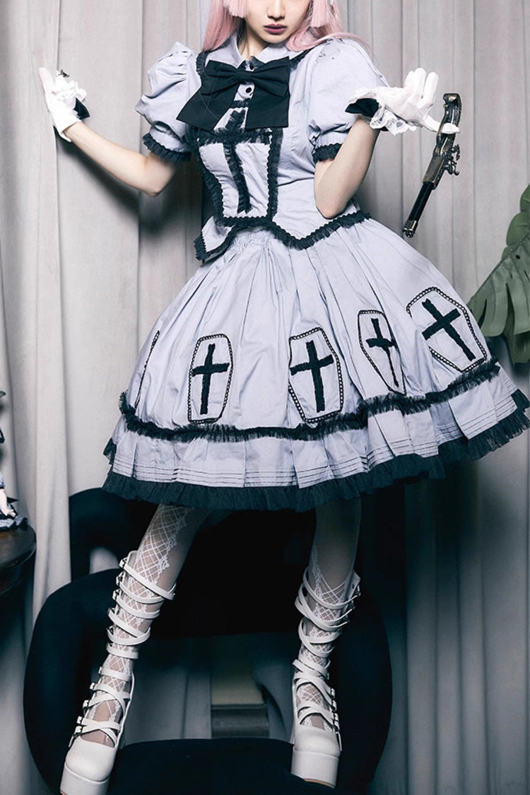 Gothic Lolita Dress - Halloween, Gray, Puff Sleeves, Cross Detail - main product image