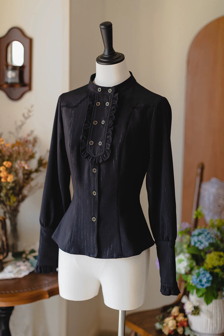 Gothic Lolita Dress - Halterneck Ruffled Fishbone, 11 Colors, Long Length, Short Length - S Black(Blouse-Only) / M Black(Blouse-Only) / L Black(Blouse-Only) option