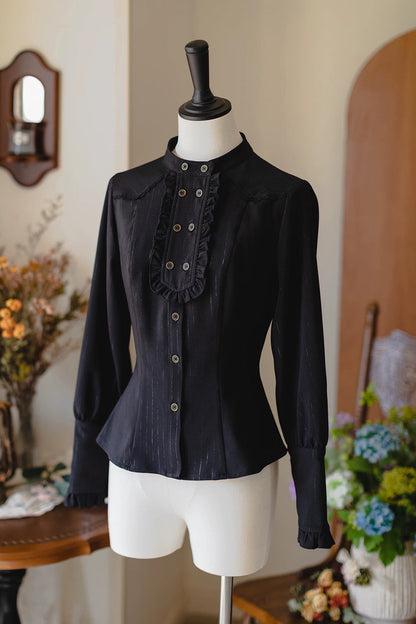 Gothic Lolita Dress - Halterneck Ruffled Fishbone, 11 Colors, Long Length, Short Length - S Black(Blouse-Only) / M Black(Blouse-Only) / L Black(Blouse-Only) option