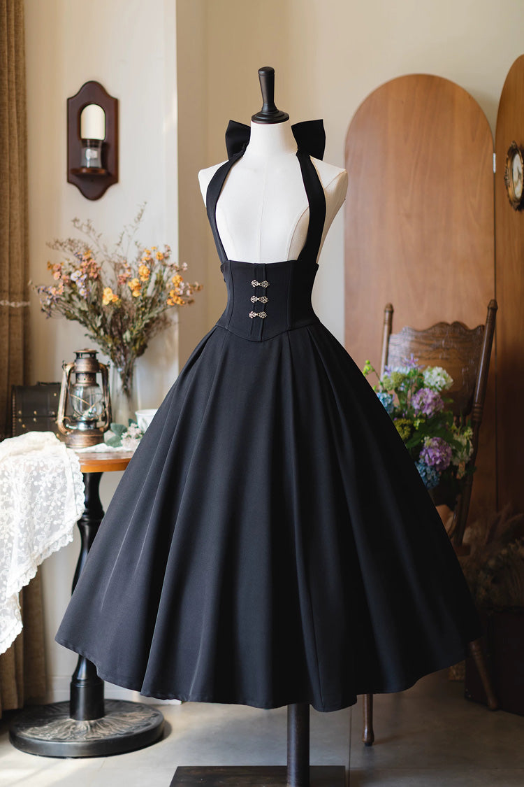 Gothic Lolita Dress - Halterneck Ruffled Fishbone, 11 Colors, Long Length, Short Length - S Black(Long-Dress) / M Black(Long-Dress) / L Black(Long-Dress) option