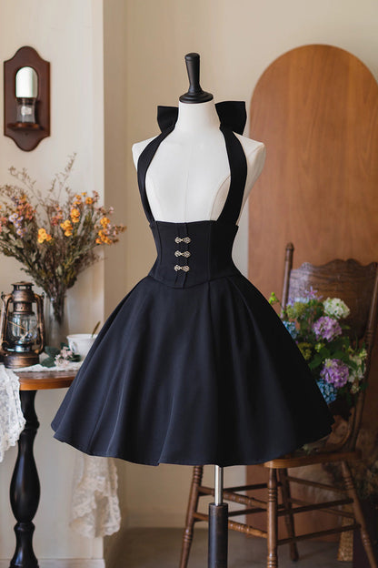 Gothic Lolita Dress - Halterneck Ruffled Fishbone, 11 Colors, Long Length, Short Length - S Black(Short-Dress) / M Black(Short-Dress) / L Black(Short-Dress) option