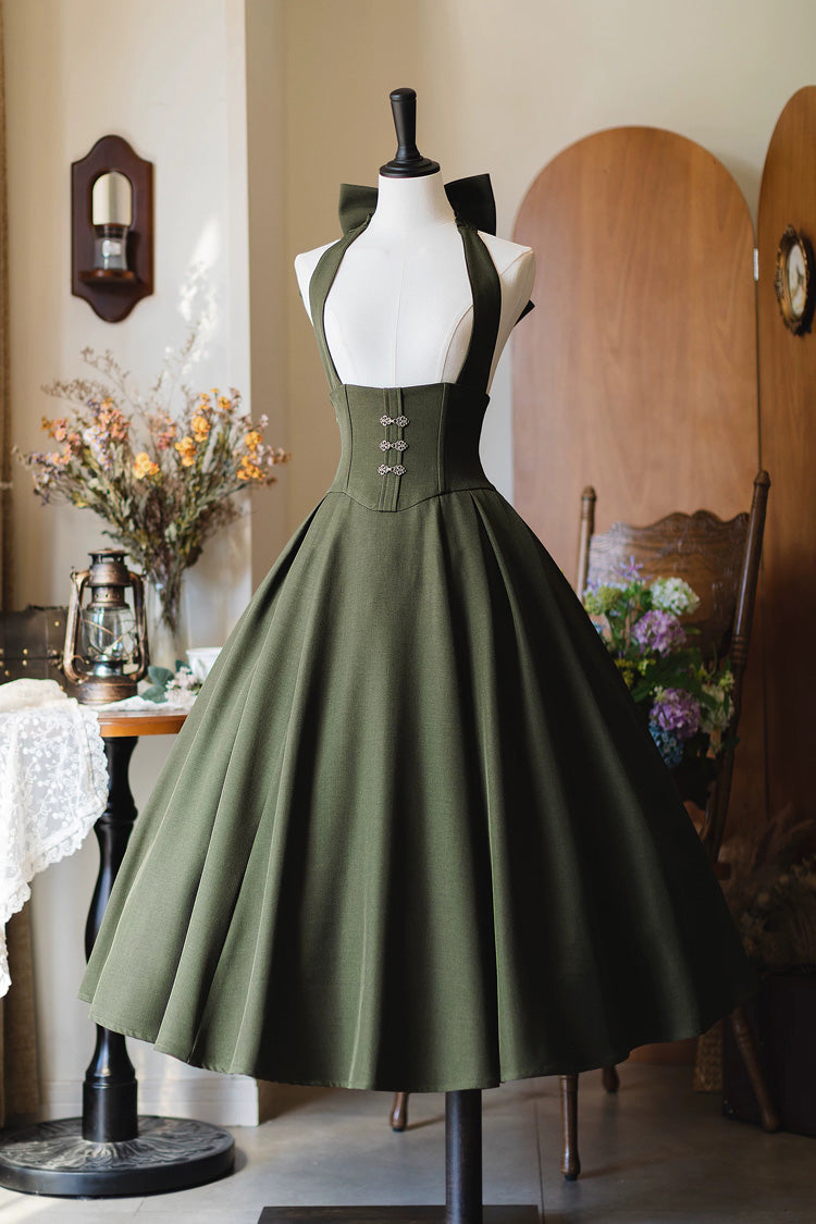 Gothic Lolita Dress - Halterneck Ruffled Fishbone, 11 Colors, Long Length, Short Length - S Green(Long-Dress) / M Green(Long-Dress) / L Green(Long-Dress) option