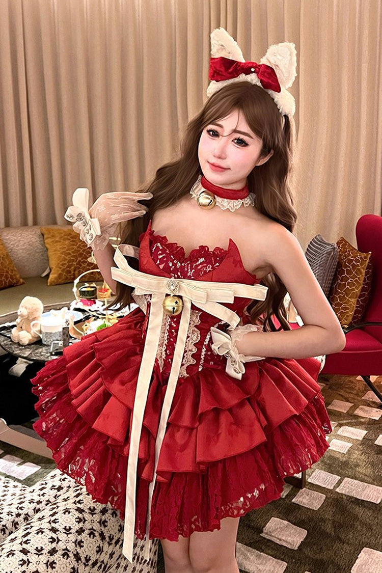 Gothic Lolita Dress - Holiday Lovers, Red, Lace-Up, Sweet Style, Ballet-Inspired Style - main product image